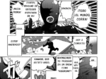 Página de manga con personajes disfrazados de animales y un villano en traje negro ajustado hablando en español.
