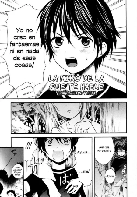 Página de manga de Mikorei con Masaki gritando y paneles de una joven miko pidiendo ayuda en un bosque oscuro.