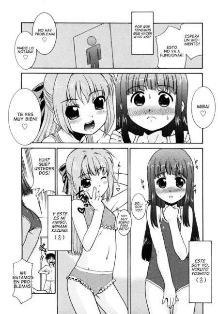 Dos chicas anime con trajes de baño bikini y enterizo posando mientras un chico las observa con deseo.