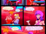 Tres mujeres voluptuosas con ropa ajustada bebiendo en un club mientras discuten con gestos sexuales y provocativos.