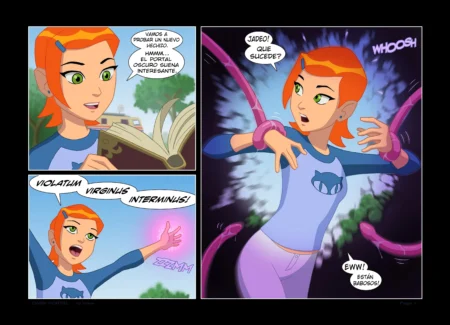 Gwen Tennyson es atrapada por tentáculos púrpuras babosos que la sujetan mientras lanza un hechizo mágico.