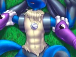 Lucario antropomórfico musculoso tumbado sobre césped con el torso desnudo y el pene erecto fuera de una pokebola R18.
