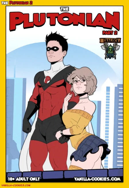 Superhéroe musculoso y mujer con falda corta y escote pronunciado posando juntos en un cómic erótico para adultos.