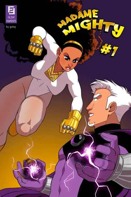 Mujer fuerte con traje blanco ajustado y guantes dorados ataca a un hombre musculoso con traje púrpura y energía eléctrica.