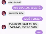 Captura de chat erótico con Janice Hanson hablando sobre Phillip en español con fondo violeta y avatares femeninos.