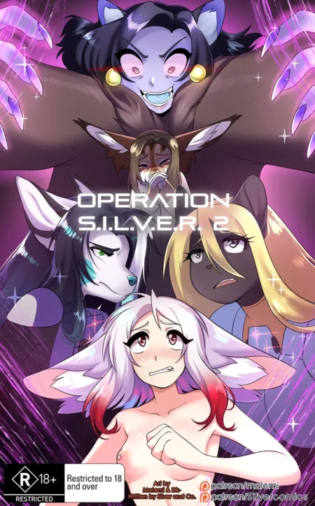 Portada de Operation Silver 2 con furries antropomórficos y una mujer lobo blanca desnuda exponiendo sus pezones.
