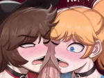 Dos chicas con collares y cadenas chocan sus frentes mientras lamen un pene erguido y venoso en Special Delivery #2.