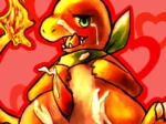 Charmander excitado con el pene erecto y semen chorreando por su cuerpo y suelo sobre fondo rojo de corazones.