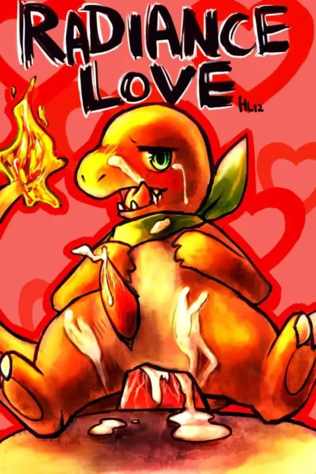 Charmander excitado con el pene erecto y semen chorreando por su cuerpo y suelo sobre fondo rojo de corazones.