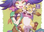 Mujer anime con piel azul y rasgos felinos abrazando un animal, vistiendo ropa provocativa que resalta sus curvas sexuales.