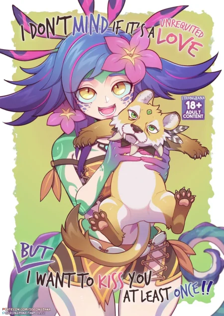 Mujer anime con piel azul y rasgos felinos abrazando un animal, vistiendo ropa provocativa que resalta sus curvas sexuales.