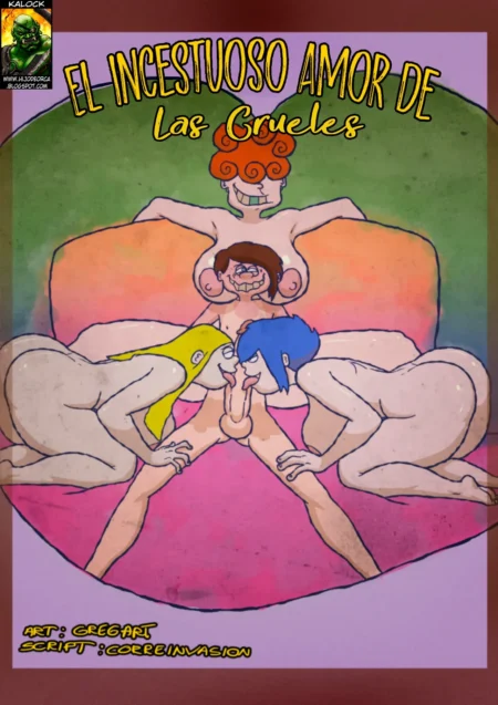 Tres mujeres rubia, pelirroja y azul desnudas practicando sexo grupal y felación en un sofá rosa.