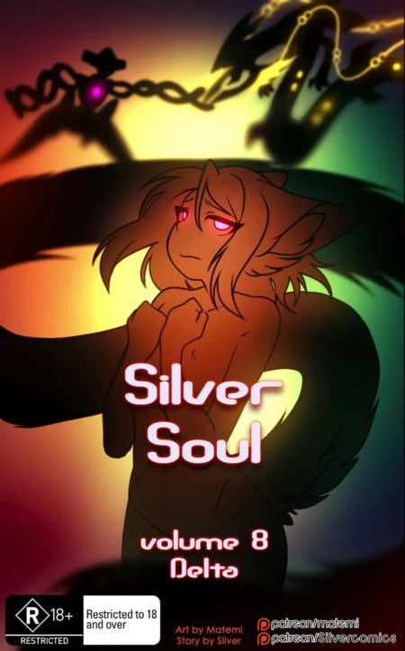 Portada de Silver Soul Vol. 8 Delta con personaje furry femenino, ojos rojos y cuerpo desnudo frente a fondo colorido.
