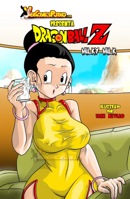 Mujer anime de Dragon Ball Z con vestido amarillo ajustado que resalta sus grandes pechos mientras bebe un vaso de leche.