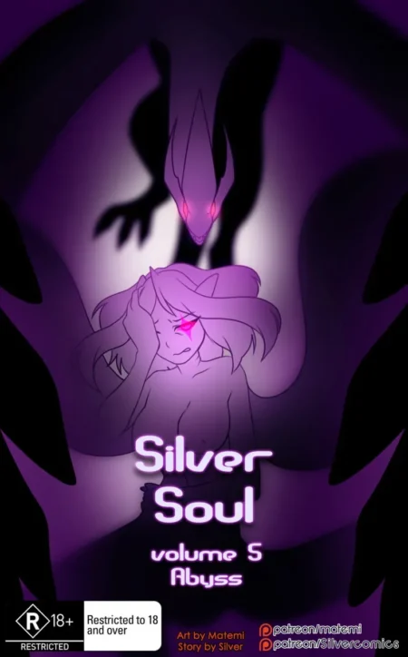 Mujer desnuda con ojos brillantes sometida por un monstruo oscuro en la portada erótica de Silver Soul Vol.5 Abyss.