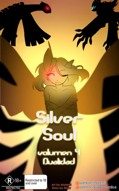 Portada de Silver Soul volumen 4 con mujer desnuda, ojos rojos y sombras monstruosas sobre fondo amarillo brillante.