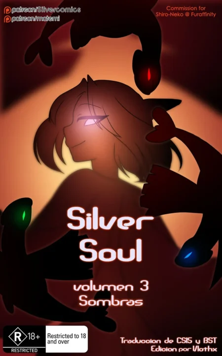 Portada de Silver Soul Volumen 3 Sombras con personaje femenino rodeada de tentáculos negros sobre fondo anaranjado.