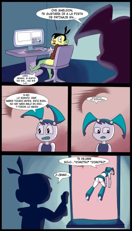 Cómic de XJ9 donde Jenny se excita y gime mientras Sheldon la observa sorprendido en su habitación.