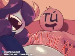Pai Sue Ri con cuernos morados gime mientras succiona un pene grueso con el texto Tú escrito en el glande.