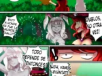 Cómic erótico de bruja y coneja antropomorfa con pechos grandes y desnudos en un bosque mientras buscan a una murciélago.