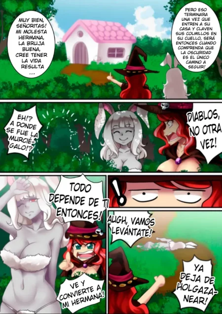 Cómic erótico de bruja y coneja antropomorfa con pechos grandes y desnudos en un bosque mientras buscan a una murciélago.