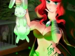 Bruja pelirroja con tatuajes y bikini verde sostiene un conejo sobre un caldero de poción máximalista y erótica.
