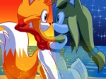 Tails y Zooey, zorros antropomórficos, abrazados apasionadamente en la playa bajo un cielo estrellado en Fox Love.