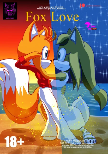 Tails y Zooey, zorros antropomórficos, abrazados apasionadamente en la playa bajo un cielo estrellado en Fox Love.