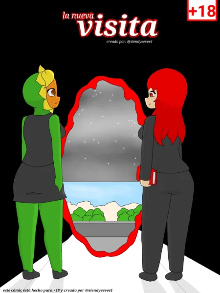 Dos mujeres, una con traje verde y otra de cabello rojo, se miran frente a un portal dimensional oscuro.