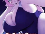 Mujer anthropomorphic rosa con gafas y pechos gigantes en body azul ajustado de Mama Next Door 2 de Mongoart.