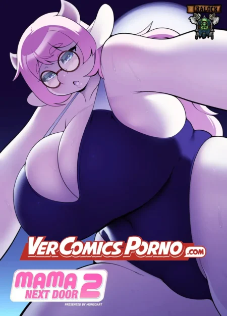 Mujer anthropomorphic rosa con gafas y pechos gigantes en body azul ajustado de Mama Next Door 2 de Mongoart.