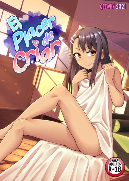 Joven mujer anime con sábana blanca corta sentada, mostrando sus piernas y pechos semi-descubiertos, contenido R-18.