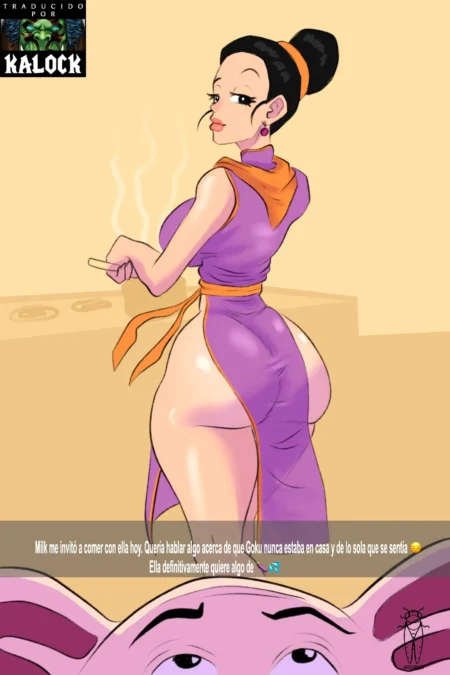Milk de Dragon Ball con vestido púrpura corto y ajustado que resalta sus glúteos voluminosos mientras fuma un cigarrillo.