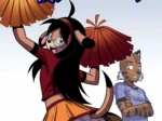 Animadora furry con falda corta levantada mostrando bragas blancas y trasero mientras baila junto a un tigre antropomórfico.