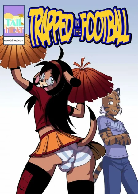 Animadora furry con falda corta levantada mostrando bragas blancas y trasero mientras baila junto a un tigre antropomórfico.