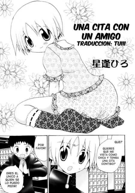Manga Tomodachi To Date con personaje femboy en ropa interior laceada, medias negras y trasero expuesto en pose provocativa.