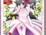Femboy con vestido blanco corto y medias, mostrando su tanga azul entre flores, estilo anime erótico de Dynamite Moca.