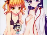 Dos mujeres anime, una en bikini negro y otra con bata blanca abierta, muestran sus pechos y vaginas semi-desnudas.
