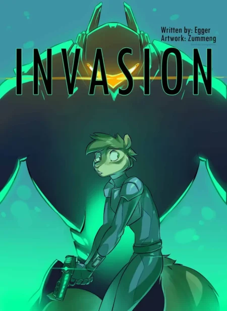 Personaje furry con armadura frente a un monstruo alienígena gigante en la portada de Invasion Furry Yaoi de Zummeng.
