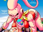 Majin Buu femenina domina a Videl mientras sostiene un huevo colorido en una escena erótica de transformación sexual.