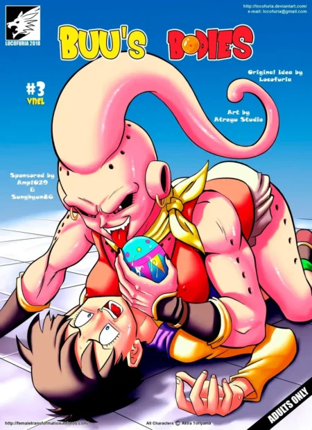 Majin Buu femenina domina a Videl mientras sostiene un huevo colorido en una escena erótica de transformación sexual.