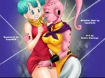 Majin Buu femenina abraza y lame la cara de Bulma mientras la sujeta con deseo en una escena erótica de Dragon Ball.