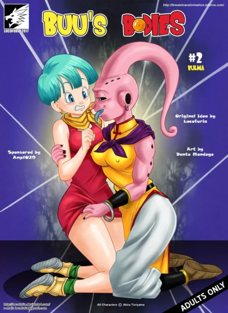 Majin Buu femenina abraza y lame la cara de Bulma mientras la sujeta con deseo en una escena erótica de Dragon Ball.