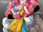 Majin Buu rosa sujeta y excita a una mujer con sostén morado y vestido amarillo en la portada de Buu's Bodies 1.