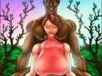 Mujer rubia con pechos gigantes meditando sentada mientras un hombre negro musculoso la abraza por detrás.
