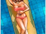 Mujer morena con bikini rojo descansando sobre una toalla en una piscina, posando sexy con el pecho y abdomen expuestos.