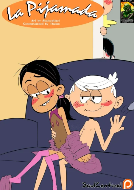 Lincoln y Luan Loud desnudos en el sofá, él acariciando sus genitales mientras ella luce medias rosas y expresión lasciva.