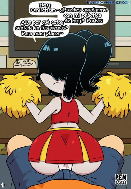 Animé cheerleadera de pelo negro sentada sobre el regazo de un hombre exponiendo sus glúteos y vulva bajo una falda roja.