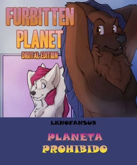 Dos lobos antropomorfos masculinos, uno marrón y otro blanco, en la portada erótica de Furbitten Planet Planeta Prohibido.