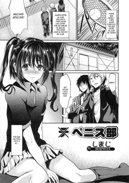 Manga de Penis Club por Shimaji con una estudiante sonrojada en falda corta y medias sentada frente a dos chicos.